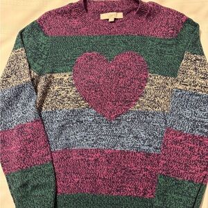 LOFT Pink and Green Heart Crewneck Sweater